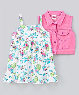 Babyhug 100% Cotton Sleeveless Frock With Jacket Leaf Print - White
