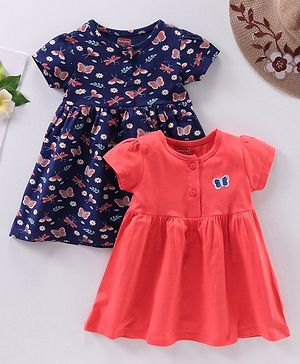 Babyhug 100% Cotton Half Sleeves Frocks Butterfly Print Pack Of 2 - Navy Blue Red