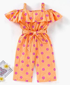 Babyhug 100% Cotton Cold Shoulder Jumpsuit Polka Dot Print - Peach