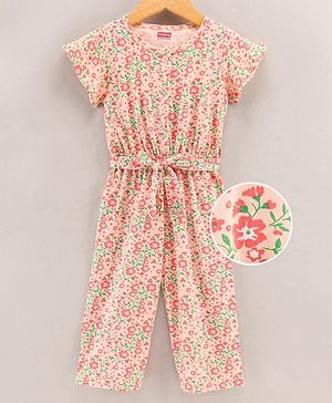 Babyhug 100% Cotton Half Sleeves Jumpsuit Floral Print - Peach
