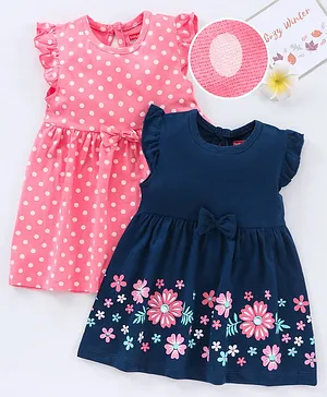 Babyhug 100% Cotton Knit Frill Sleeves Frock Dresses Polka Dots & Floral Print Pack of 2 - Navy Pink