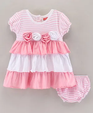 Babyhug Puffed Sleeves 100% Cotton Layered Frock With Bloomer Stripes Print & Rose Corsage- Pink