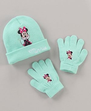 Babyhug Woollen Cap & Gloves Set Minnie Mouse Print Aqua - Diameter 10.5 cm