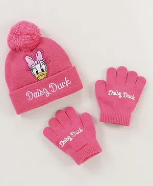 Babyhug Woollen Cap & Gloves Set With Pom Pom Detailing & Daisy Duck Print Pink - Diameter 10.5 cm