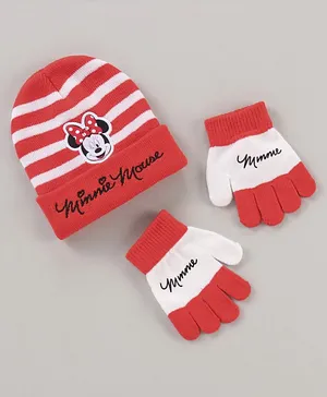 Babyhug Woollen Cap & Gloves Set Minnie Mouse Print Red White - Diameter 10.5 cm