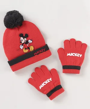 Babyhug Woollen Cap & Gloves Set With Pom Pom Detailing & Mickey Mouse Print Red - Diameter 10.5 cm