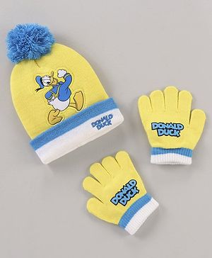 Babyhug Woollen Cap & Gloves Set With Pom Pom Detailing & Donald Duck Print Yellow - Diameter 10.5 cm