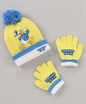 Babyhug Woollen Cap & Gloves Set With Pom Pom Detailing & Donald Duck Print Yellow - Diameter 10.5 cm