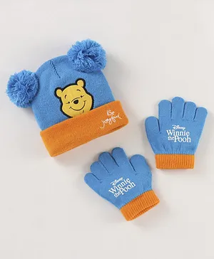 Babyhug Woollen Cap & Gloves Set With Pom Pom Detailing & Winnie The Pooh Print Blue - Diameter 10.5 cm