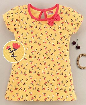 Babyhug Half Sleeves 100% Cotton Floral Print Frock with Bow - Yellow
