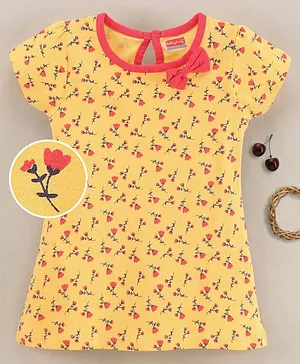 Babyhug Half Sleeves 100% Cotton Floral Print Frock with Bow - Yellow