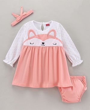 Babyhug 100% Cotton Full Sleeves Frock with Bloomer Polka Dot Print and Animal Face Embroidery - Peach