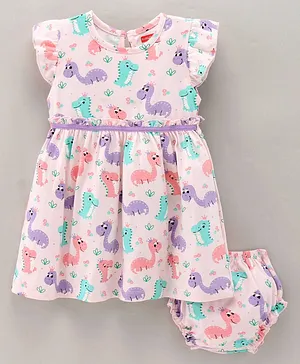Babyhug 100% Cotton Short Cap Sleeves Dress With Bloomer Dino Print - Pink
