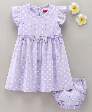 Babyhug 100% Cotton Short Cap Sleeves Bow Applique Dress With Bloomer Floral Print - Lilac
