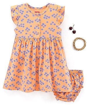 Babyhug 100% Cotton Short Sleeves Frock with Bloomer Floral Print - Orange