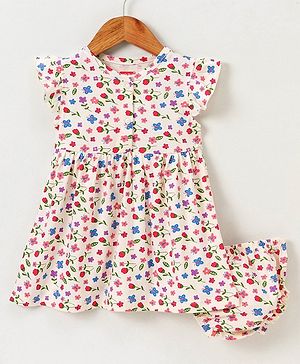Babyhug 100% Cotton Short Sleeves Frock with Bloomer Floral Print - Lime Cream