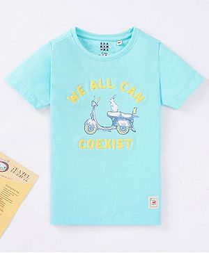 Ed-a-Mamma Half Sleeves We All Can Coexist Fur Detail & Scooty With Rabbit Printed Tee - Blue