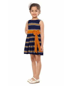 Kids On Board Sleeveless Striped Bow Embellished Dress - Navy Blue