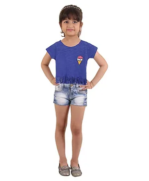 Kids On Board Half Sleeves Ice Cream Placement Printed Fringe Top - Blue