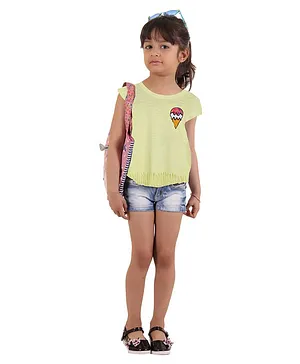Kids On Board Half Sleeves Ice Cream Placement Printed Fringe Top - Yellow