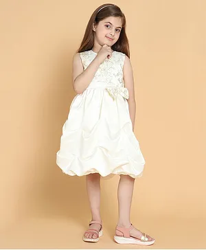 Piccolo Sleeveless Embellished & Embroidered Bodice Princess Dress With Tucks - Off White