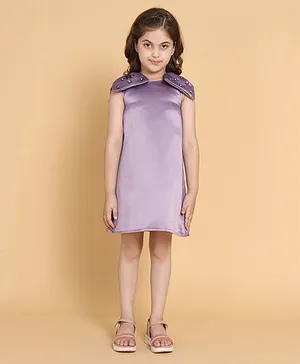 Piccolo Sleeveless Embellished Bow Sleeve Detailing Solid Party Wear Dress - Lilac Purple