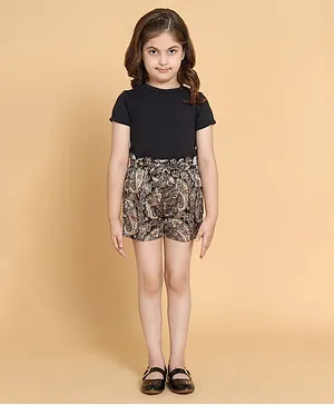 Piccolo Short Sleeves Solid Top With All Over Abstraction Print Ruffled Paperbag Style Satin Shorts - Black