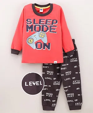 Teddy Full Sleeves T-Shirt & Pyjama Set Text Print - Cherry Red