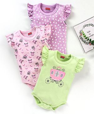 Babyhug 100% Short Sleeves Carriage & Dot Printed Onesies Pack Of 3 - Multicolour