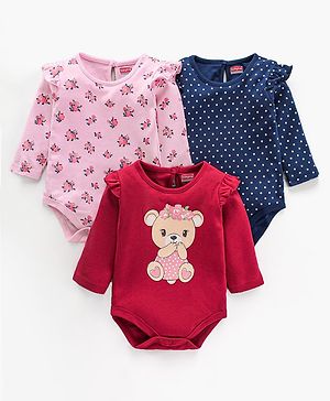 Babyhug 100% Cotton Knit Full Sleeves Onesie Pack of 3 Multi Print - Multicolour