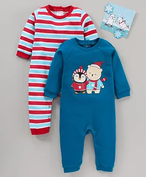 Babyhug 100% Cotton Full Sleeves Striped Rompers Penguin Print Pack of 2 - Blue Multicolor