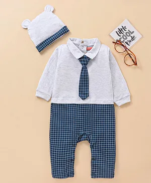Babyhug Cotton Full Sleeves Checks Party Romper with Cap - Navy Blue