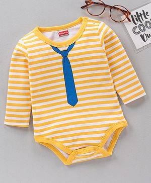 Babyhug 100% Cotton Full Sleeves Onesie Striped And Tie Print- Yellow