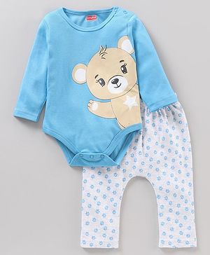 Babyhug Full Sleeves Onesies With Leggings Bear Print - Blue