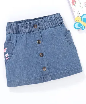 Babyoye Knee Length Denim Skirt Flower Embroidery - Blue