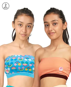 D'chica Pack Of 2 Solid & Rainbow Printed Tube Bra - Peach & Blue