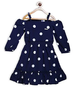 612 League Cold Shoulder Three Fourth Sleeves Polka Dots Printed Ruffle Dress - Navy Blue