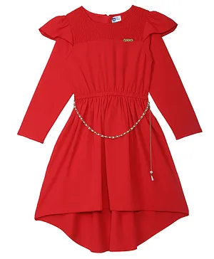 612 League Full Sleeves Solid Gathered High Low Dress - Red