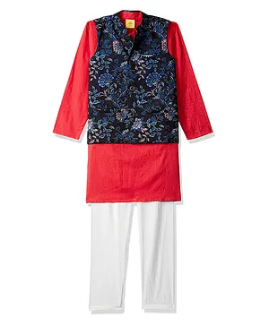 612 League Full Sleeves Solid Kurta With Pyjama Floral Printed Jacket - Red