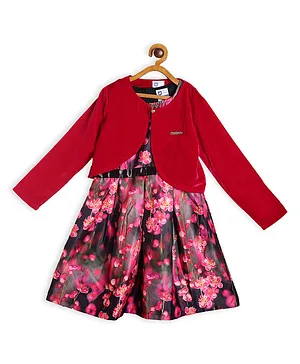 612 League Full Sleeves Shrug With Floral Bloom Print Dress - Red