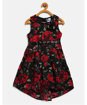 612 League Sleeveless Rose Bloom Print Asymmetrical Hem Dress - Black
