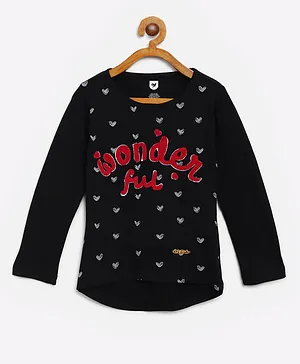 612 League Full Sleeves Wonderful Text Embroidered & Heart Printed Top - Black