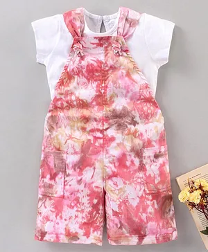 Ollington St. Half Sleeves Top Tie And Dye Front Pocket Dungaree Set - White Pink