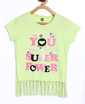612 League Short Sleeves Distress Style Super Power Text Print Top - Lime Green