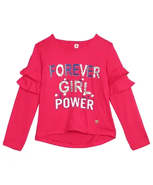 612 League Full Ruffle Sleeves Sequin Embellished Forever Girl Power Text Print Top - Dark Fuchsia Pink