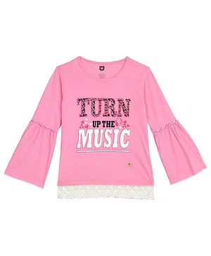 612 League Full Bell Sleeves Chemical Lace Detailing Turn The Music Up Text Print Top - Dark Pink