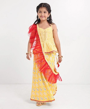 Saka Designs Cotton Woven Sleeveless Choli and Lehenga With Ruffled Dupatta Bandhani Print - Yellow