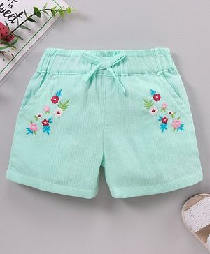 Babyhug Cotton Crinkle Crepe Mid Thigh Length Shorts Floral Embroidered - Mint