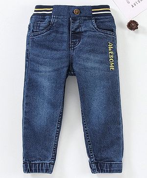 Babyhug Full Length Washed Denim Stretchable Jeans Text Embroidery- Blue