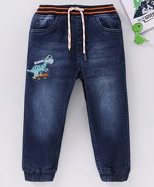 Babyhug Full Length Denim Washed Embroidered Jeans With Stretch - Blue
